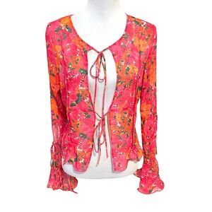 Rumored East End Top Electric Begonia Floral Tie Front Sheer Blouse Pink Size Me